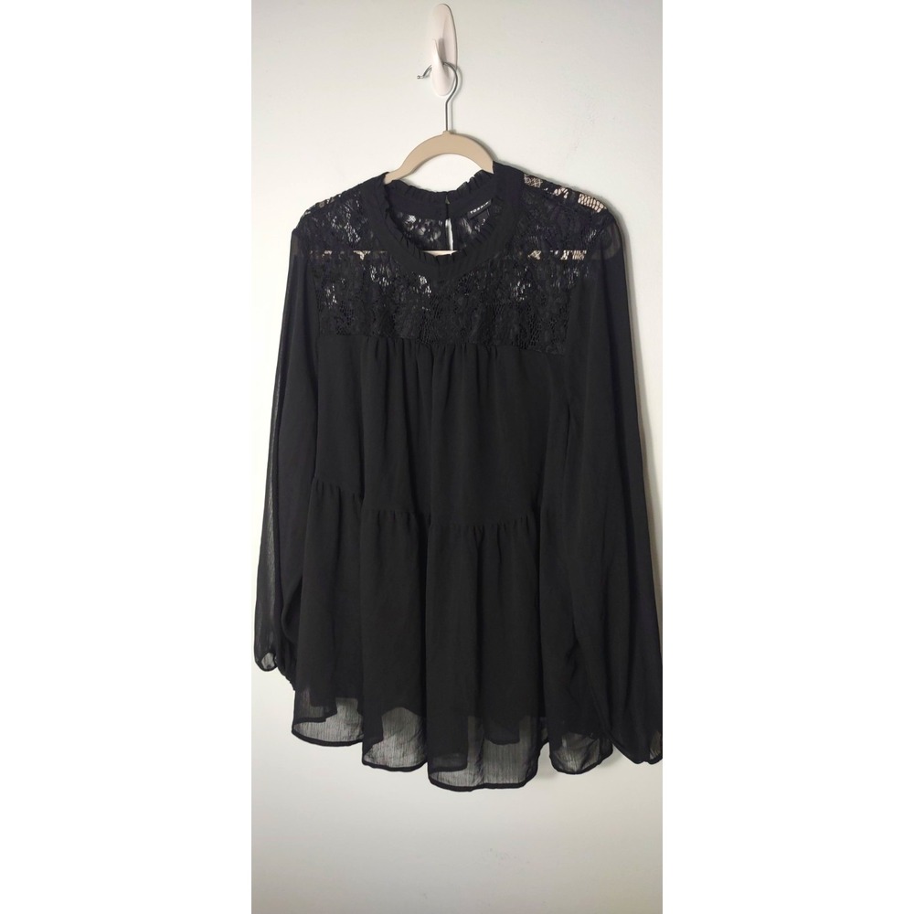 Torrid Flowy Plus 3XL Black Sheer Lace High Neck Long Sleeve Button Blouse Boho